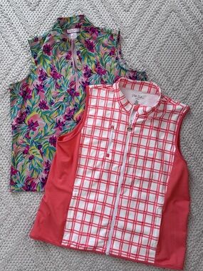 Stella Parker Pair of Golf Shirts Coral Plaid & Floral Sleeveless Collared Tanks